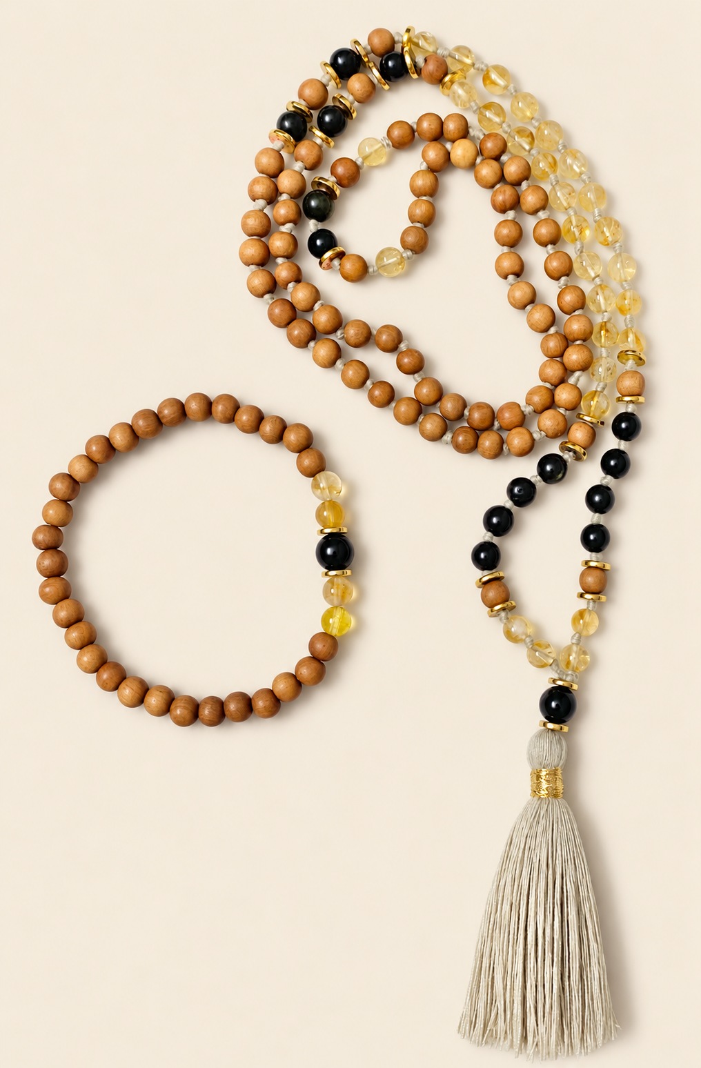 Original warm-toned Yantrakart mala and coordinating bracelet